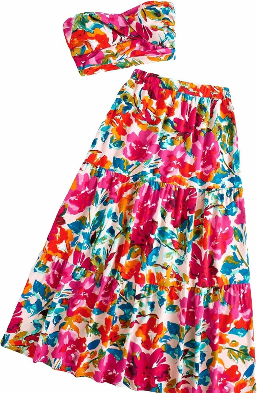 New SOLY HUX Soly Hux Women'S Summer 2 Piece Outfits Floral Print Tube Top And Ruffle Hem Maxi Skirt Set