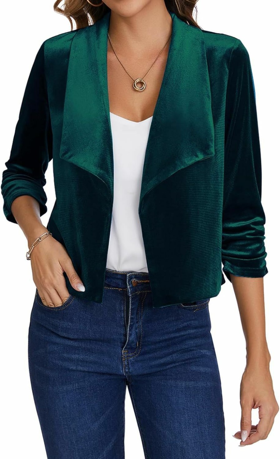 Clearance MINTLIMIT Mintlimit Women'S Casual Velvet Blazer 3/4 Ruched Sleeve Shawl Collar Draped Open Front Blazers Jackets