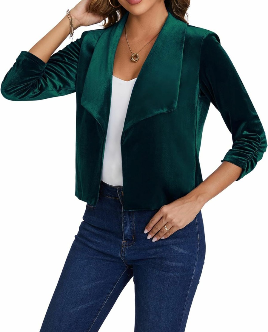 Clearance MINTLIMIT Mintlimit Women'S Casual Velvet Blazer 3/4 Ruched Sleeve Shawl Collar Draped Open Front Blazers Jackets