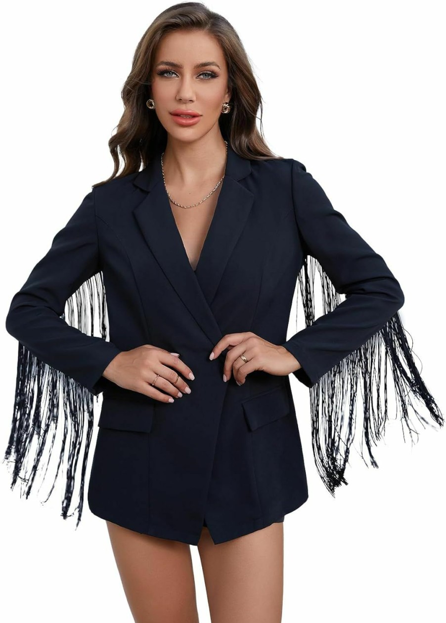 New WDIRARA Wdirara Women'S Fringe Trim Long Sleeve Button Front Blazer Cocktail Party Jacket