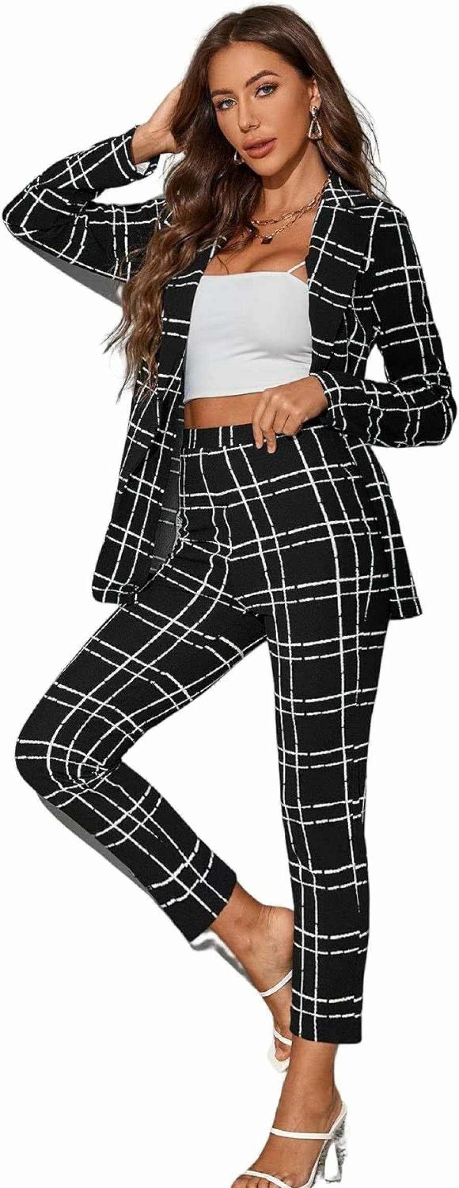 New WDIRARA Wdirara Women'S 2 Piece Outfit Plaid Button Front Long Sleeve Blazer And Pants Set