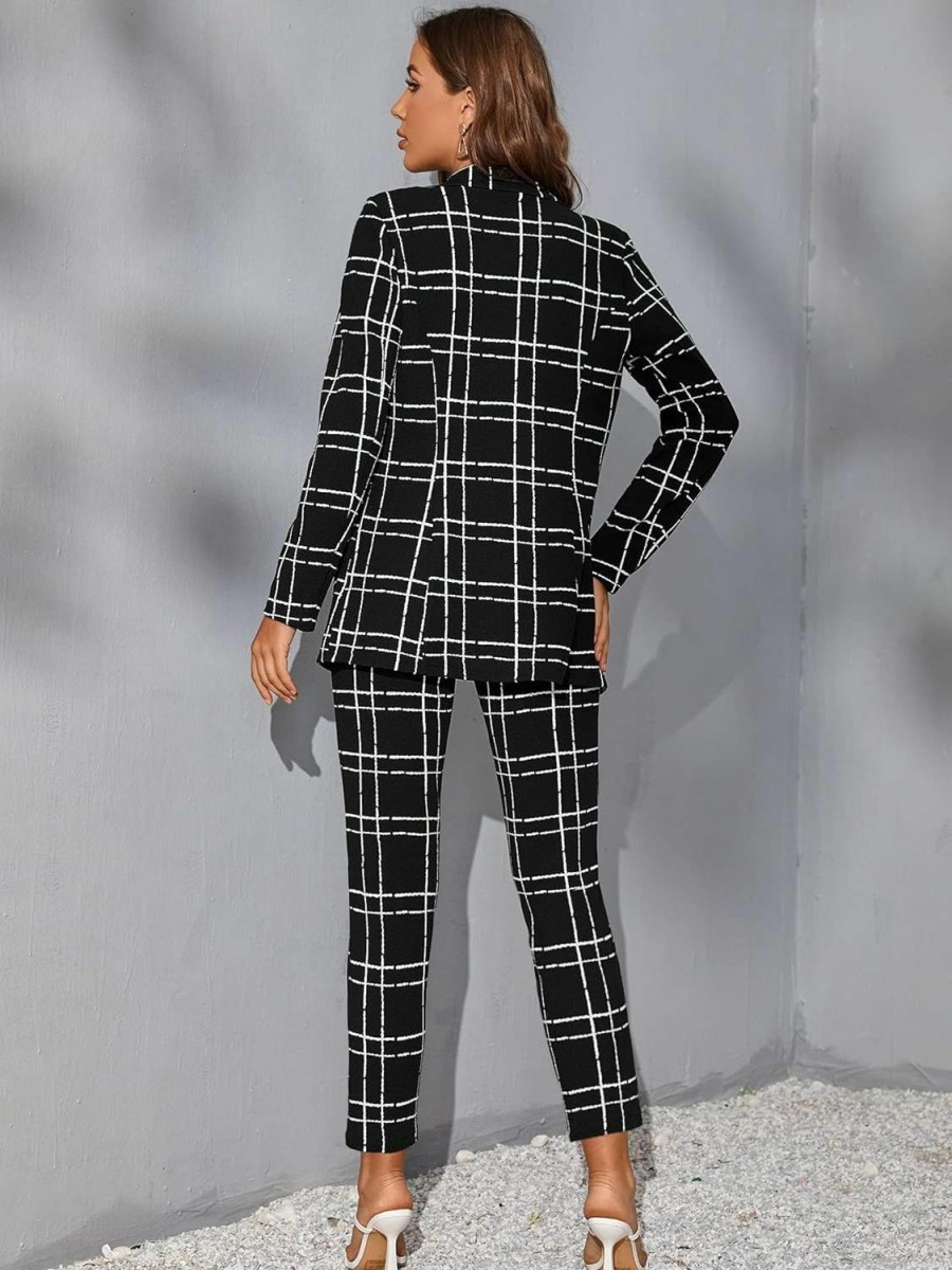 New WDIRARA Wdirara Women'S 2 Piece Outfit Plaid Button Front Long Sleeve Blazer And Pants Set