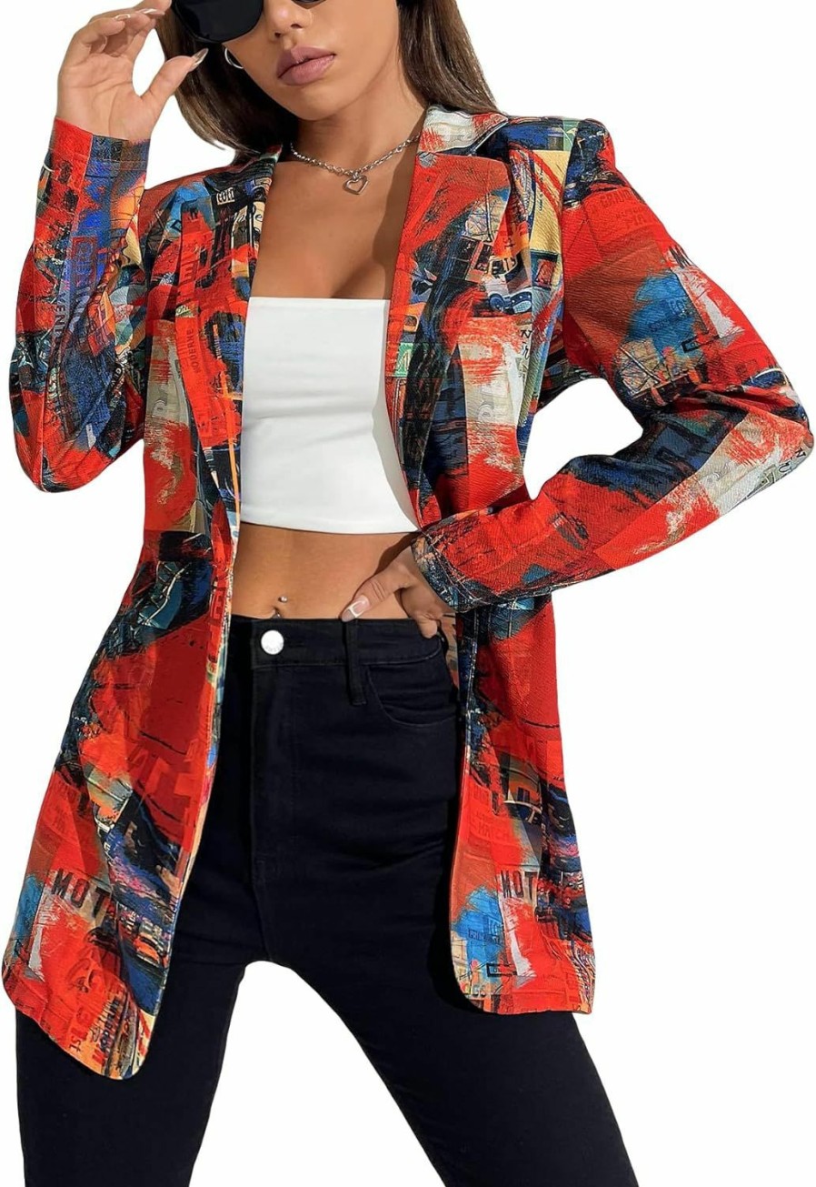 Hot WDIRARA Wdirara Women'S Letter Graphic Print Button Front Blazer Long Sleeve Casual Jacket