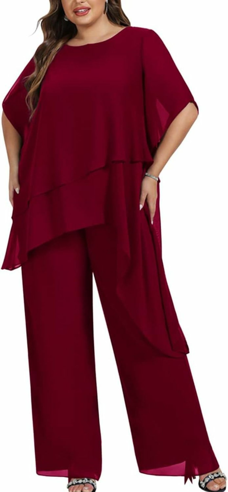 Clearance Zongqiven Zongqiven Women'S 2 Pcs Plus Size Mother Of The Bride Pant Suits Chiffon Asymmetric Flowy Tunic & Pant Outfit Set