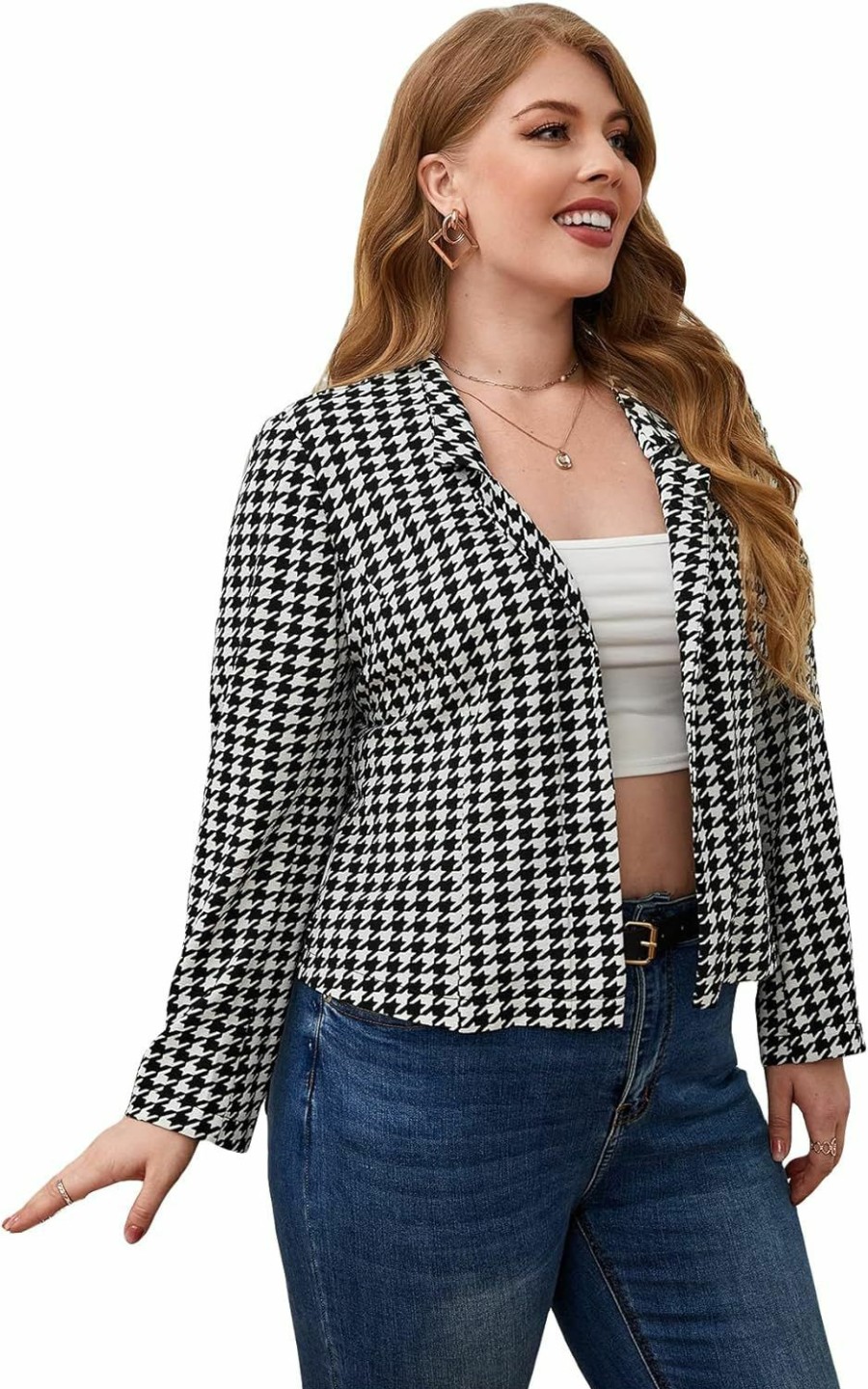 New WDIRARA Wdirara Women'S Plus Size Houndstooth Print Long Puff Sleeve Open Front Jacket Blazer