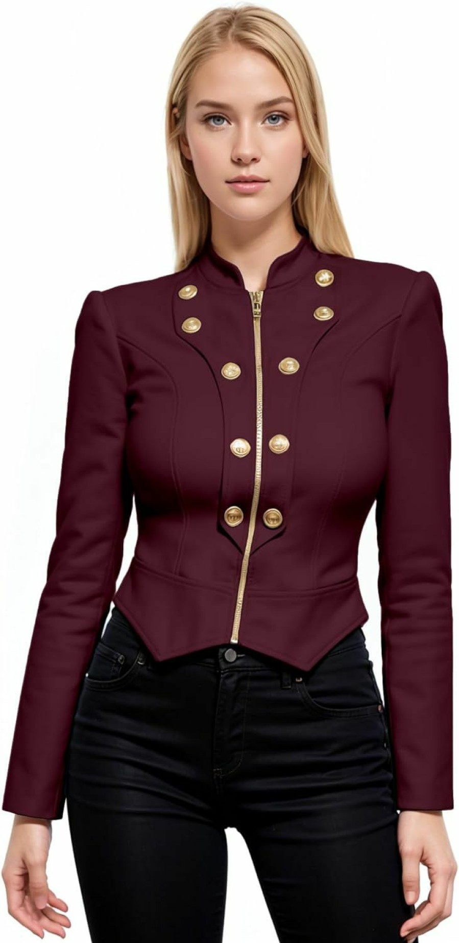 New Hybrid & Company Hybrid & Company Women'S Fashion Military Crop Premium Ultra Stretch Gold/Sliver Zip Up Dressy Blazer Jacket