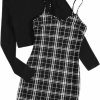 Clearance Floerns Floerns Women'S Plus Size Plaid Cami Dress With Long Sleeve Tops Two Piece Outfit