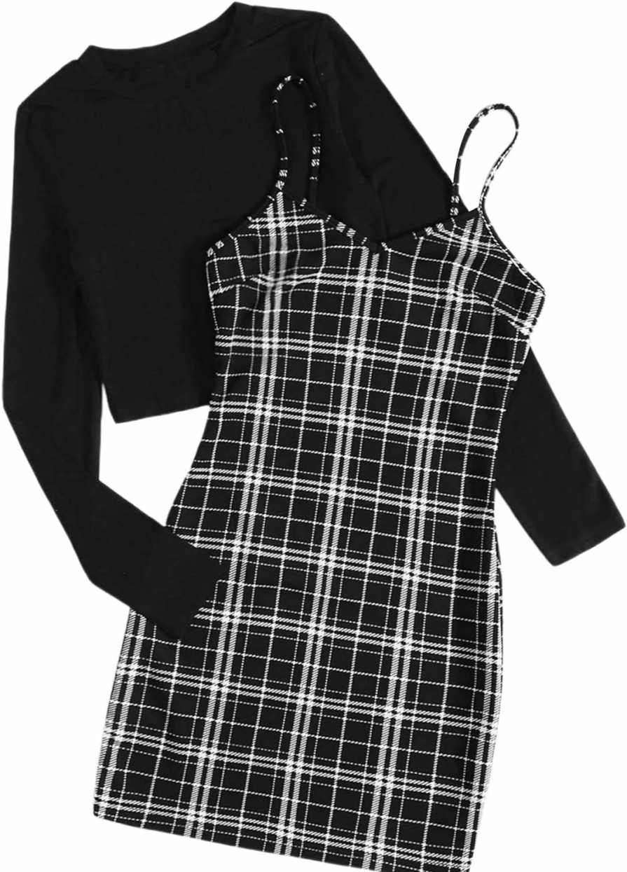 Clearance Floerns Floerns Women'S Plus Size Plaid Cami Dress With Long Sleeve Tops Two Piece Outfit