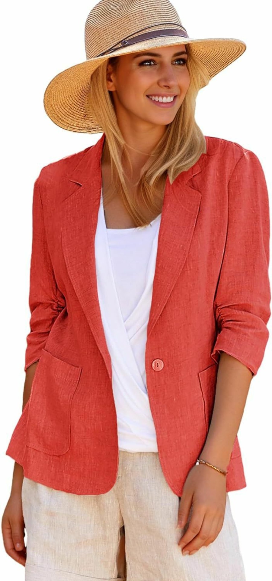 New Mina self Summer Women Linen Blazer Jacket 2024 3/4 Stretchy Ruched Sleeve Fully Lined Lightweight Casual Work Petite Suit