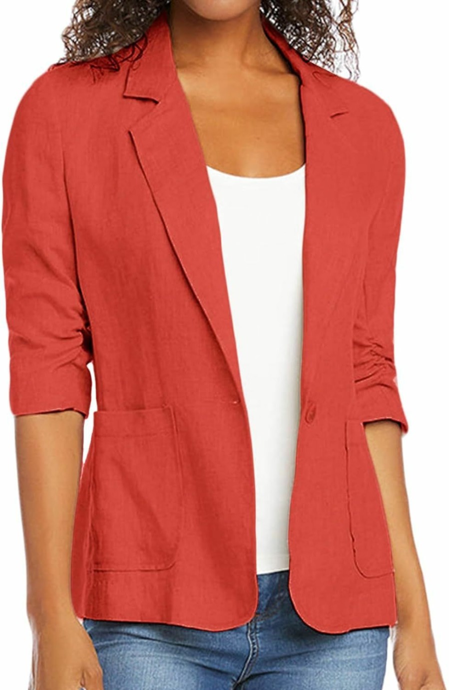 New Mina self Summer Women Linen Blazer Jacket 2024 3/4 Stretchy Ruched Sleeve Fully Lined Lightweight Casual Work Petite Suit