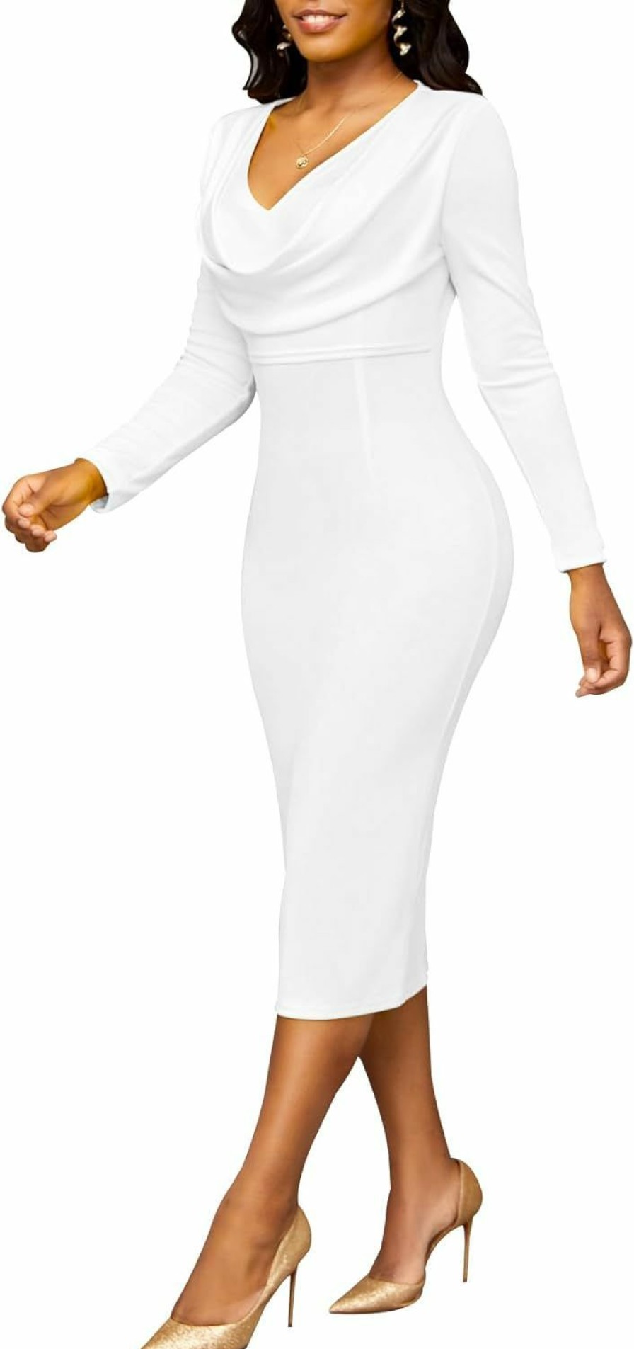 Clearance HugeNice Hugenice Bodycon Dresses For Women Ruched Drape V Neck Long Sleeve Midi Dress White Elegant Church Business Work Pencil Dress