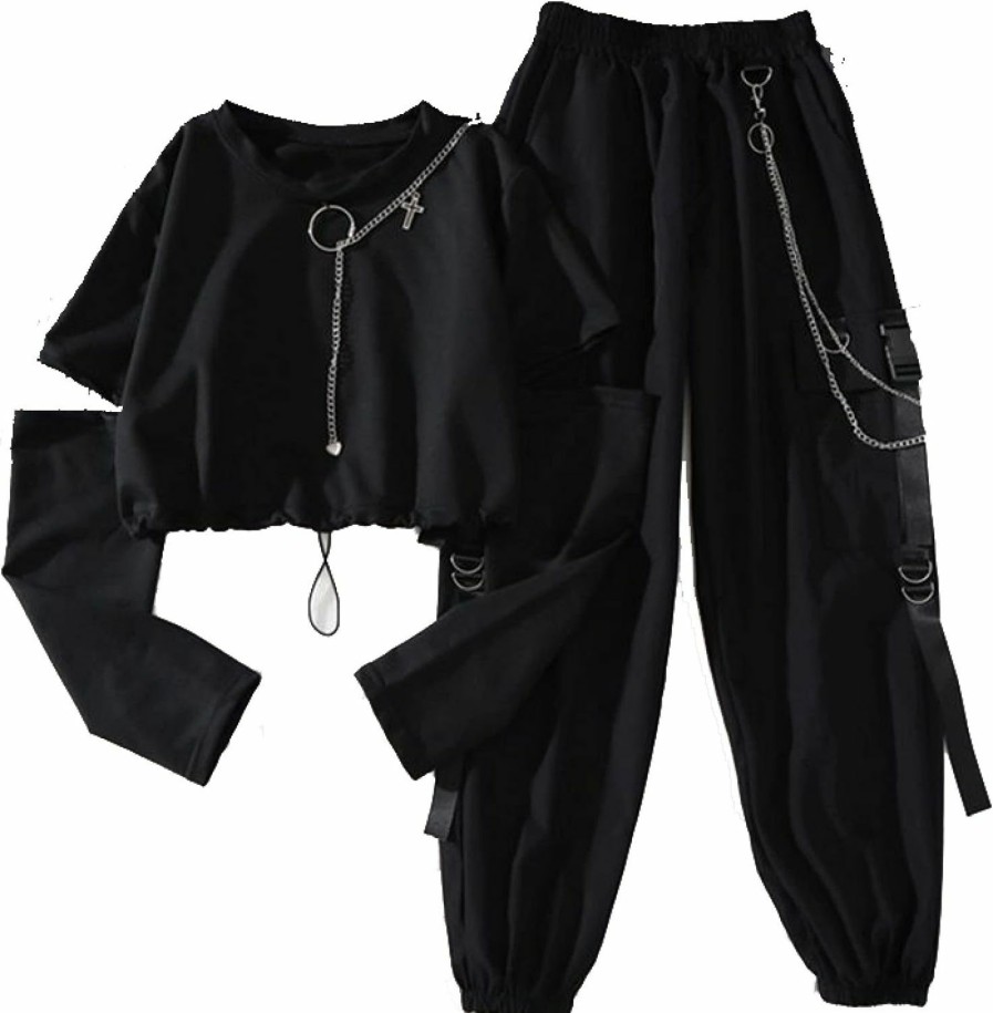 Best PEXIZUAN Pexizuan Gothic Women'S Harajuku Overalls Handsome And Cool Two-Piece Suit Chain Long Sleeve + Ribbon Pants(2 Piece,L)