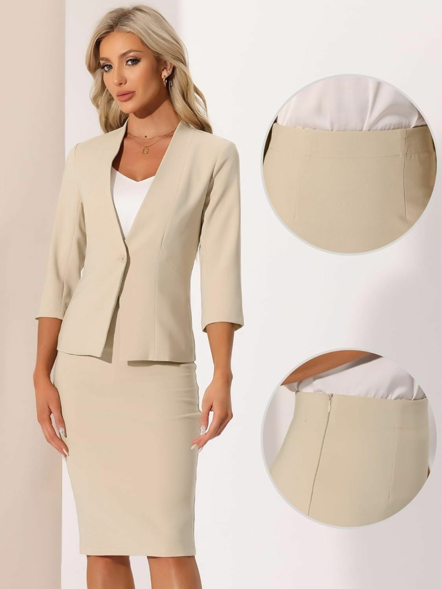 Hot Allegra K Allegra K Business Skirt Suit Set For Women'S 2 Piece Office Work Outfit Collarless Blazer Pencil Skirt