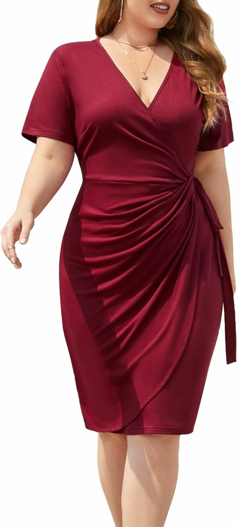 Best WINDMILL Women'S Plus Size Wrap V Neck Dress Ruched Tie Waist Short Sleeve Knee Length Plus Dress