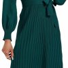 Online LYANER Lyaner Women'S Puff Long Sleeve Crewneck Slim Fit Self Tie Belt Pleated Pencil Midi Dress