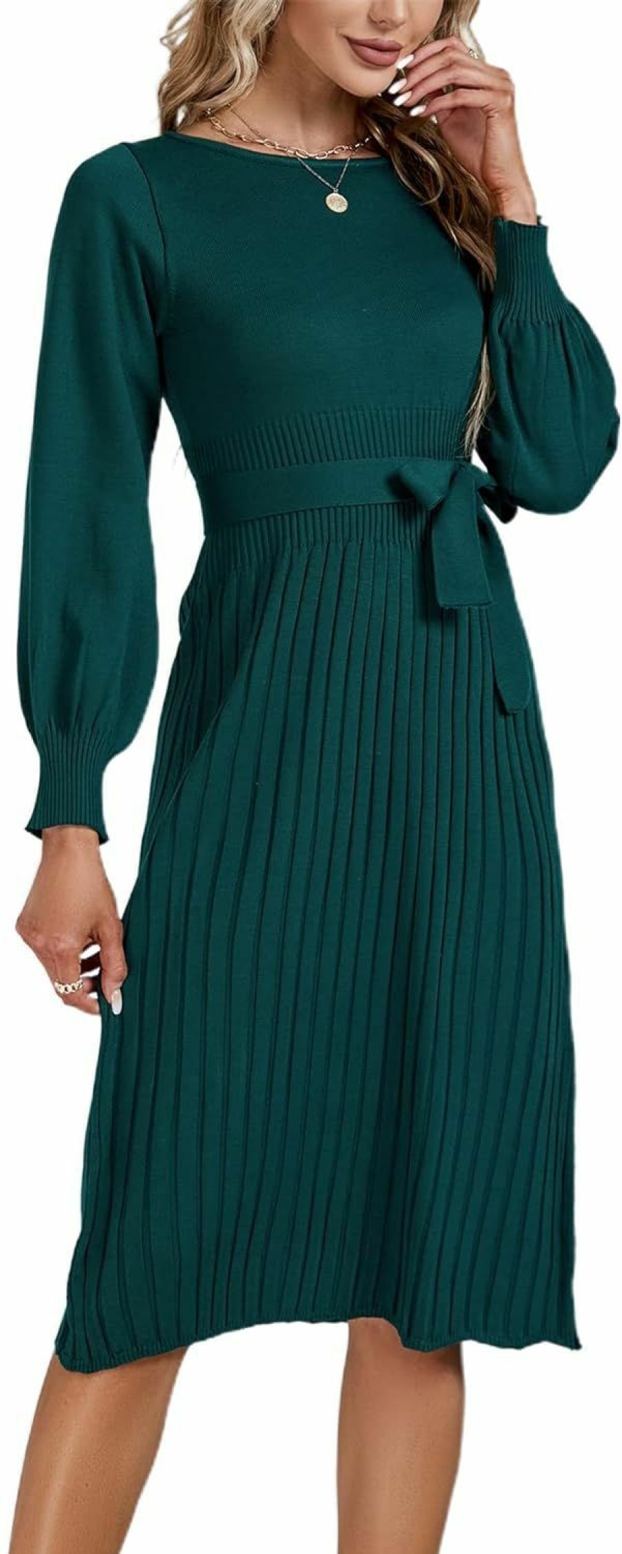 Online LYANER Lyaner Women'S Puff Long Sleeve Crewneck Slim Fit Self Tie Belt Pleated Pencil Midi Dress