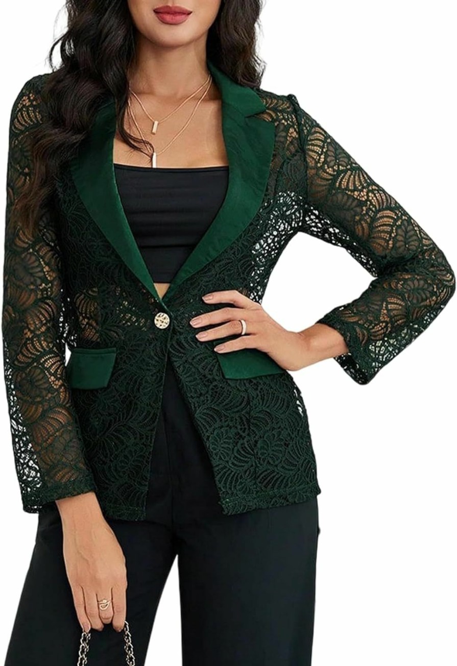 New WDIRARA Wdirara Women'S Floral Lace Mesh One Button Lapel Neck Long Sleeve Elegant Jacket Blazer