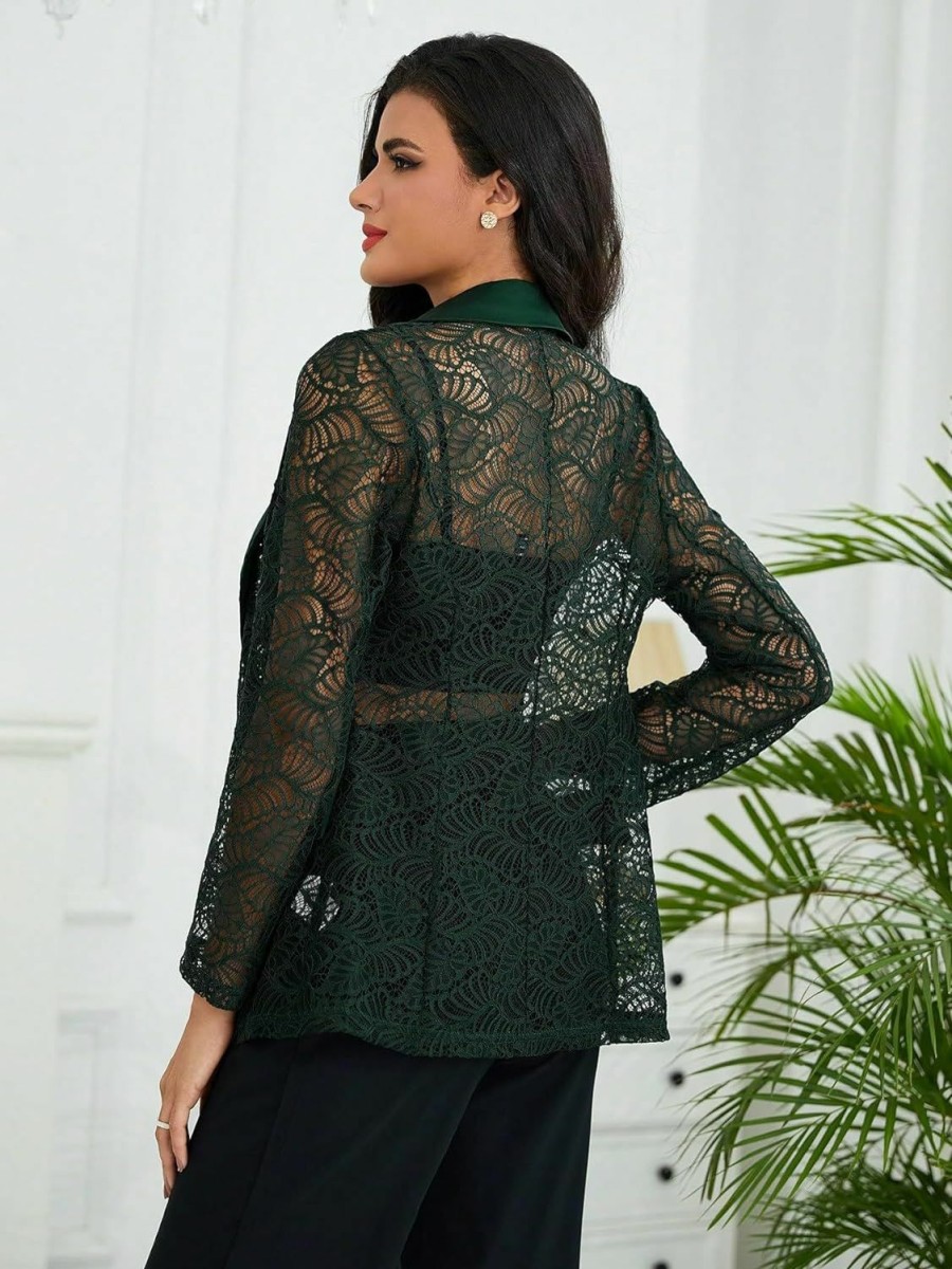 New WDIRARA Wdirara Women'S Floral Lace Mesh One Button Lapel Neck Long Sleeve Elegant Jacket Blazer