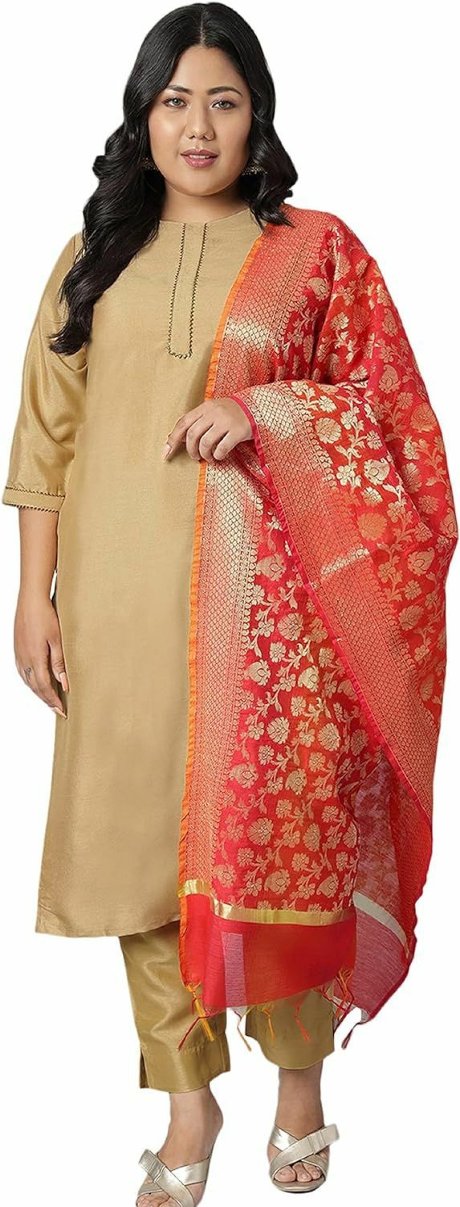 Wholesale Janasya Janasya Xl Love Indian Women'S Plus Size Gold Poly Silk Kurta With Pant And Dupatta