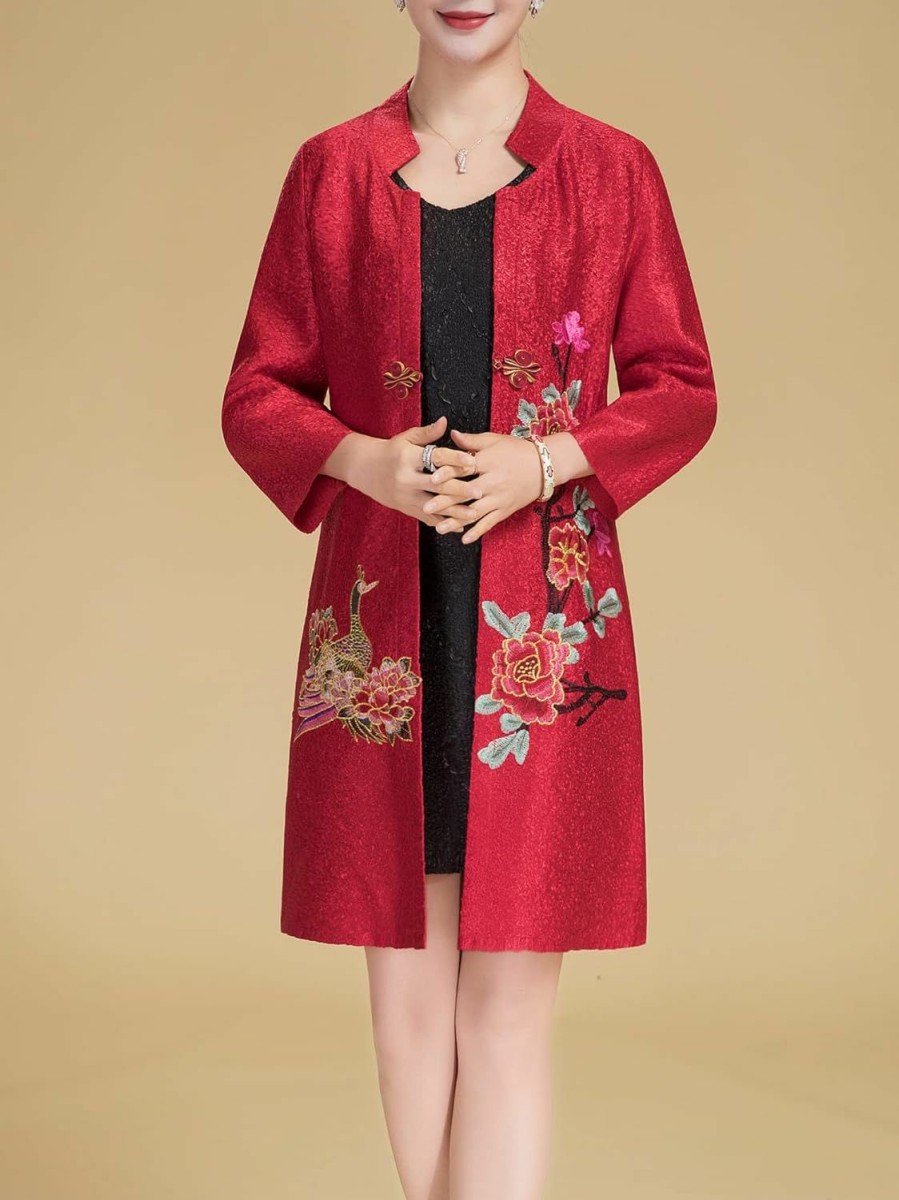 Best Bitablue Women'S Traditional Embroidery Mandarin Duck Flowers Crinkled One Button Blazer Chinese Jacket