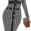 Online WDIRARA Wdirara Women'S Houndstooth Plaid V Neck Split Hem Belted Button Long Sleeve Bodycon Church Pencil Maxi Dress