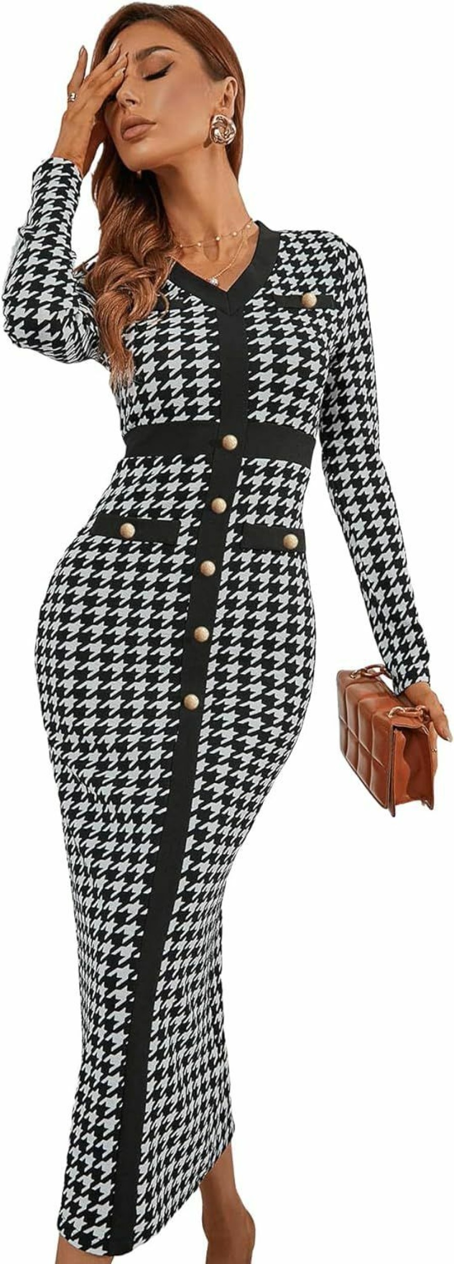 Online WDIRARA Wdirara Women'S Houndstooth Plaid V Neck Split Hem Belted Button Long Sleeve Bodycon Church Pencil Maxi Dress