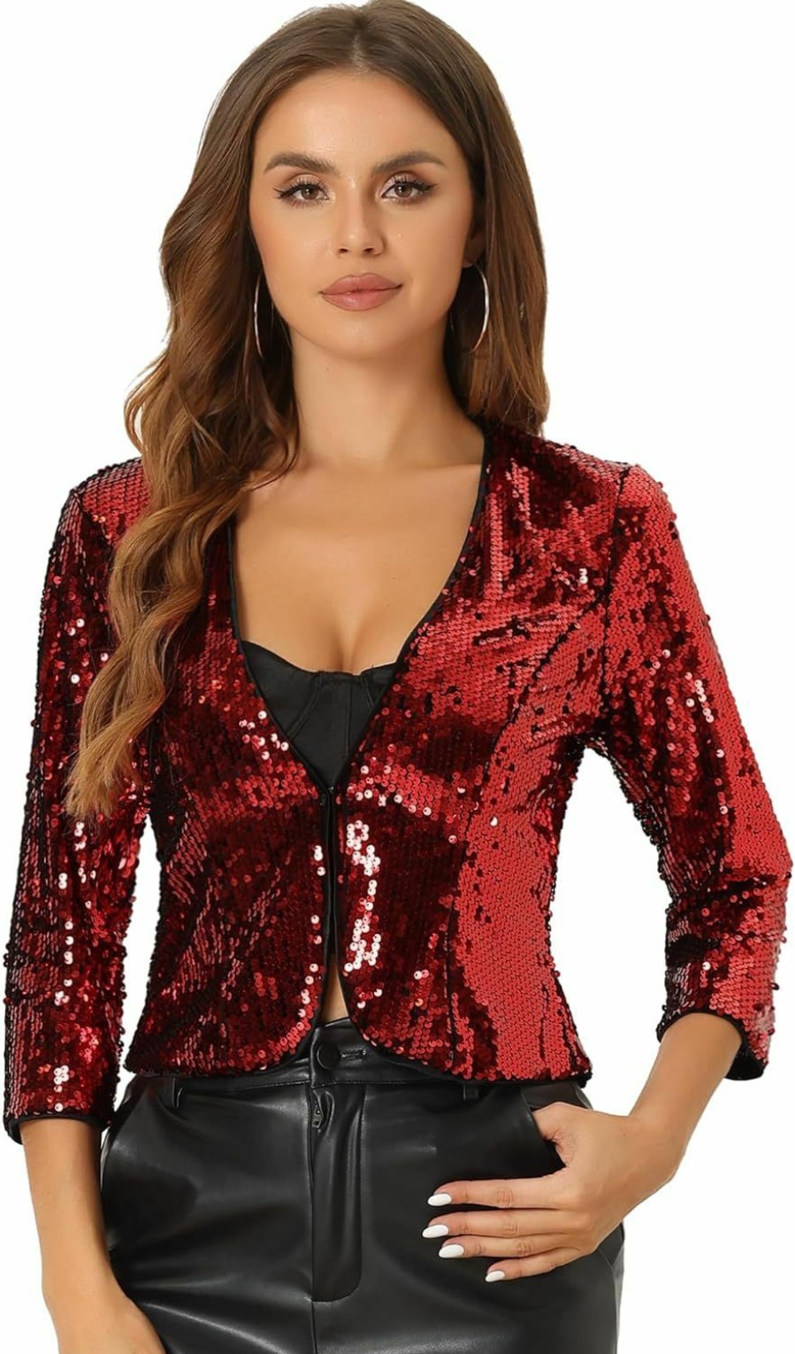 Hot Allegra K Allegra K Women'S Sequin Jacket 3/4 Sleeve Open Front Party Shiny Glitter Sparkly Shrug Blazer