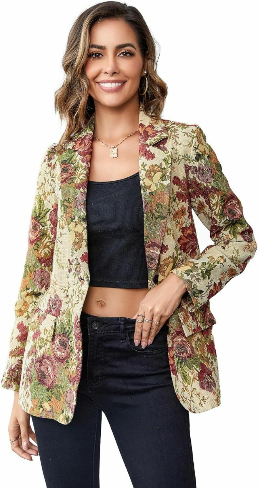 Hot WDIRARA Wdirara Women'S Floral Print Lapel Neck Single Button Lightweight Jacket Blazer With Pocket