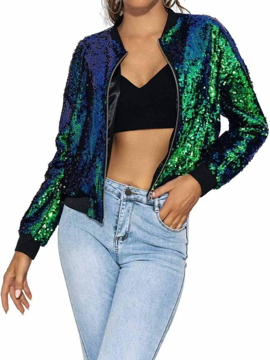 Hot EARENT Earent Women'S Sequin Long Sleeve Jackets Glitter Open Front Zipper Blazer Bomber Jacket Sparkly Coats