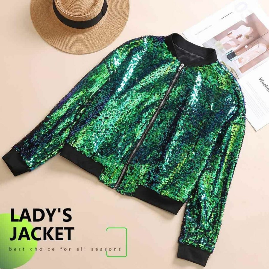 Hot EARENT Earent Women'S Sequin Long Sleeve Jackets Glitter Open Front Zipper Blazer Bomber Jacket Sparkly Coats