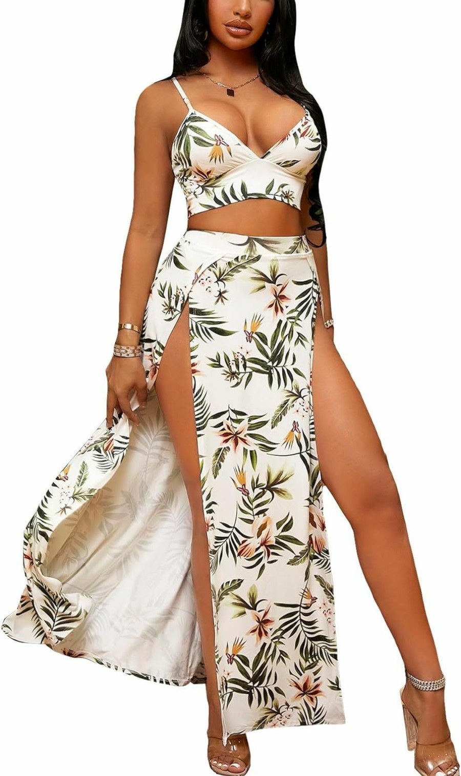 Wholesale Verdusa Verdusa Women'S 2 Piece Boho Outfits Tropical Print Crop Cami Top And Split Thigh Wrap Skirt Set