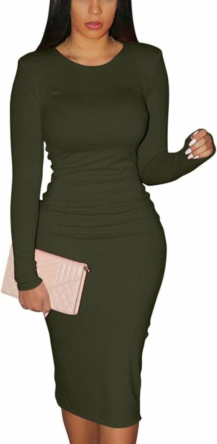 New XXTAXN Women'S Sexy Bodycon Long Sleeve Round Neck Work Office Midi Pencil Dress