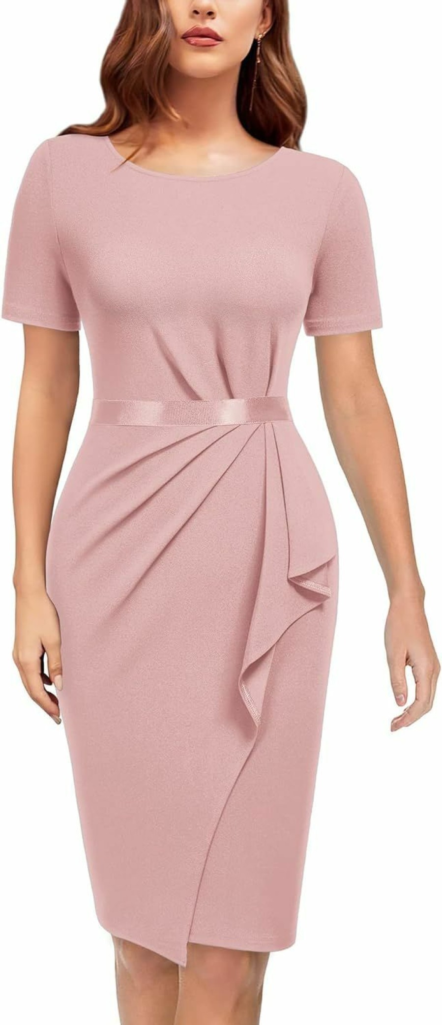 Online AISIZE Aisize Women'S Retro Crew Neck Ruffle Ruched Flattering Business Sheath Dress