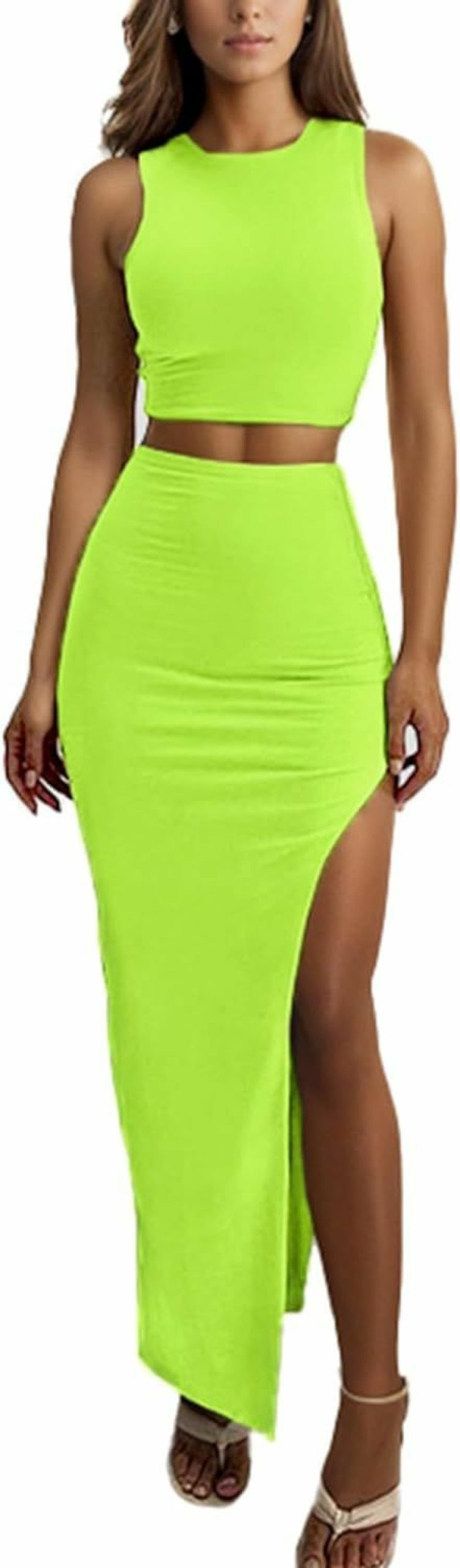 Hot ELLEVEN Sexy 2 Piece Maxi Skirt Sets For Women - Knit Bodycon Crop Tank Top And High Slit Skirt Dress Set, Summer Outfits