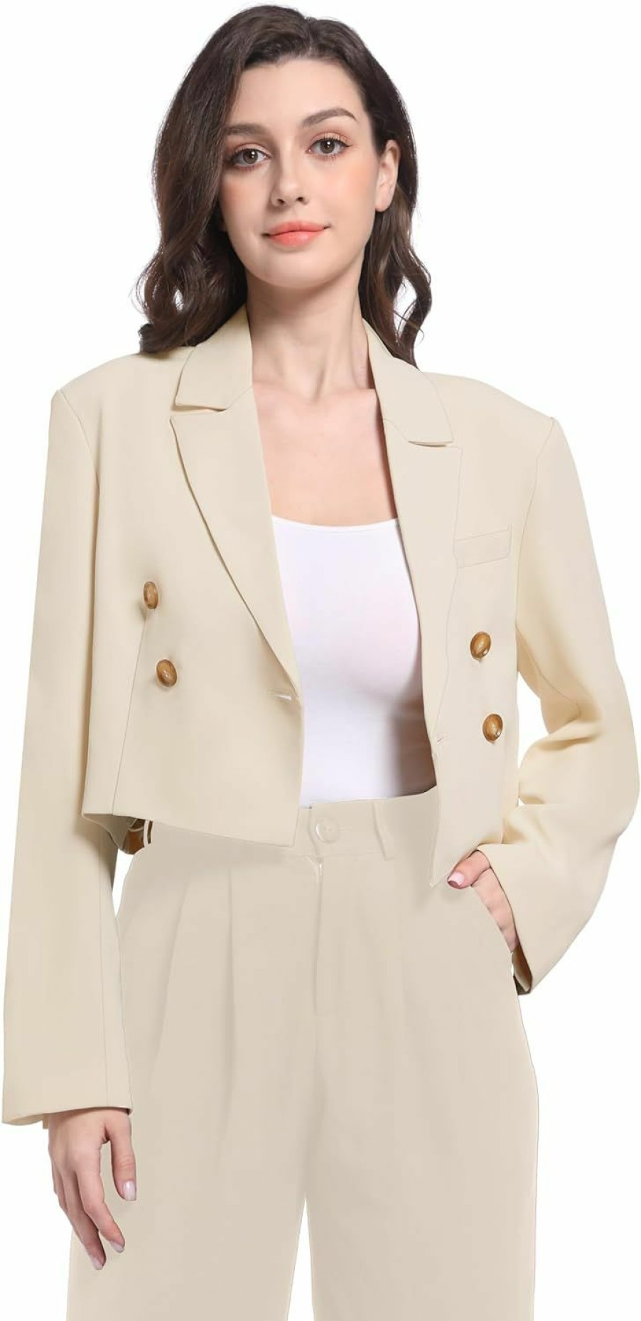 Clearance V VOCNI V Vocni Women'S Cropped Blazer Double Breasted Long Sleeve Business Casual Crop Jacket Work Suit