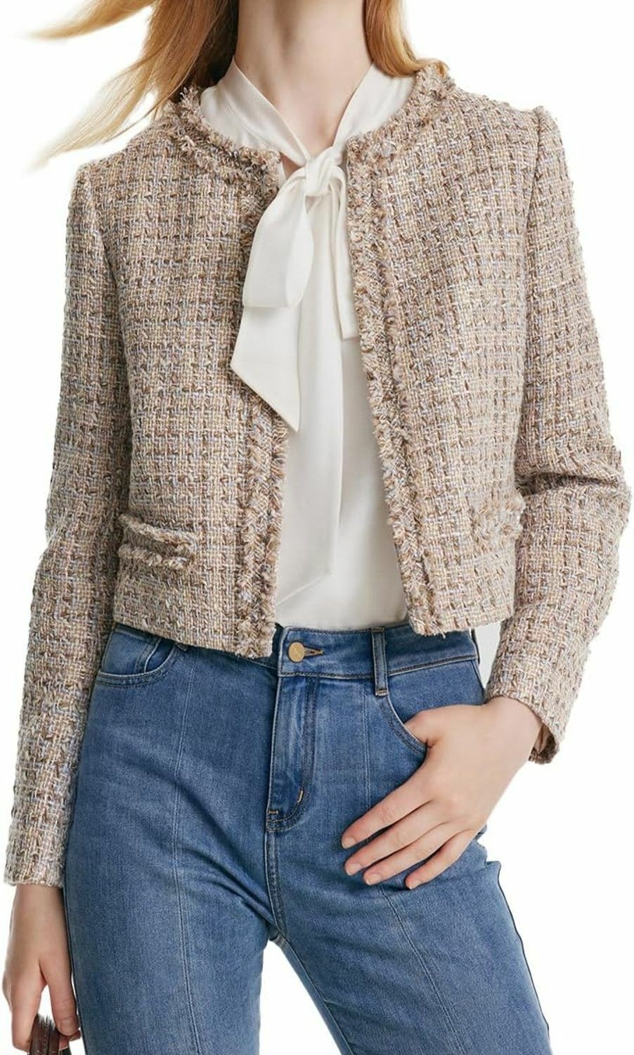 New GOELIA Tweed Cropped Blazer Jacket For Women 2023 Open Front Long Sleeve Slim Fit Business Casual Blazer