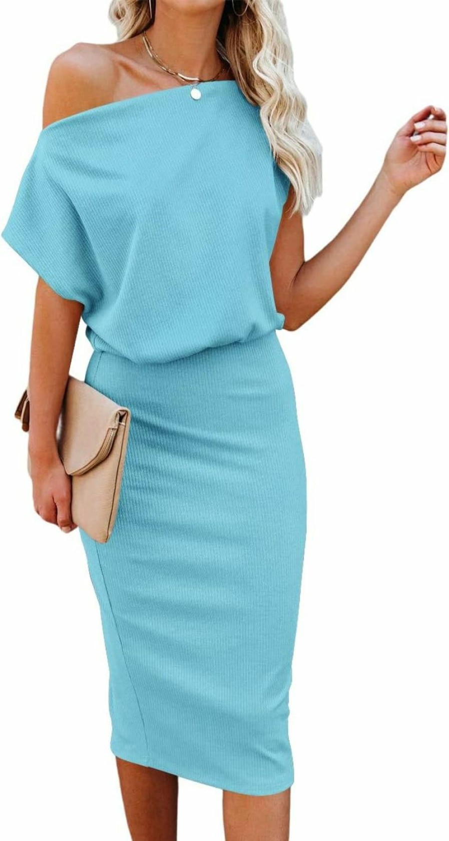 Best Ezbelle Ezbelle Women'S 2024 Summer Dress Off The Shoulder Short Sleeve Ribbed Casual Party Bodycon Midi Dresses