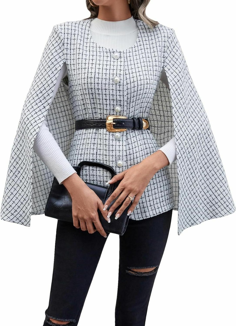 Online WDIRARA Wdirara Women'S Plaid Print Cloak Sleeve Round Neck Button Front Jacket Blazer Cape Coat